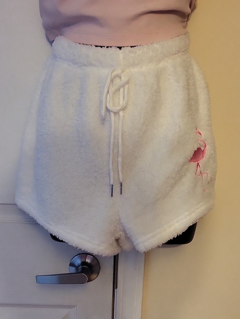 Fuzzy White Drawstring Shorts with Pink Flamingo Embroidery